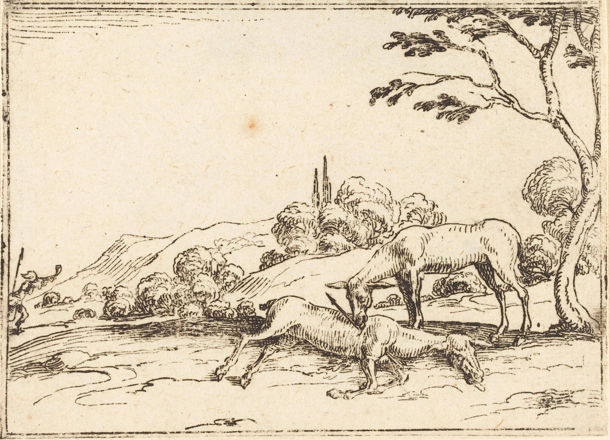 Doe Mourning her Foal, by Jacques Callot, ink, 1628