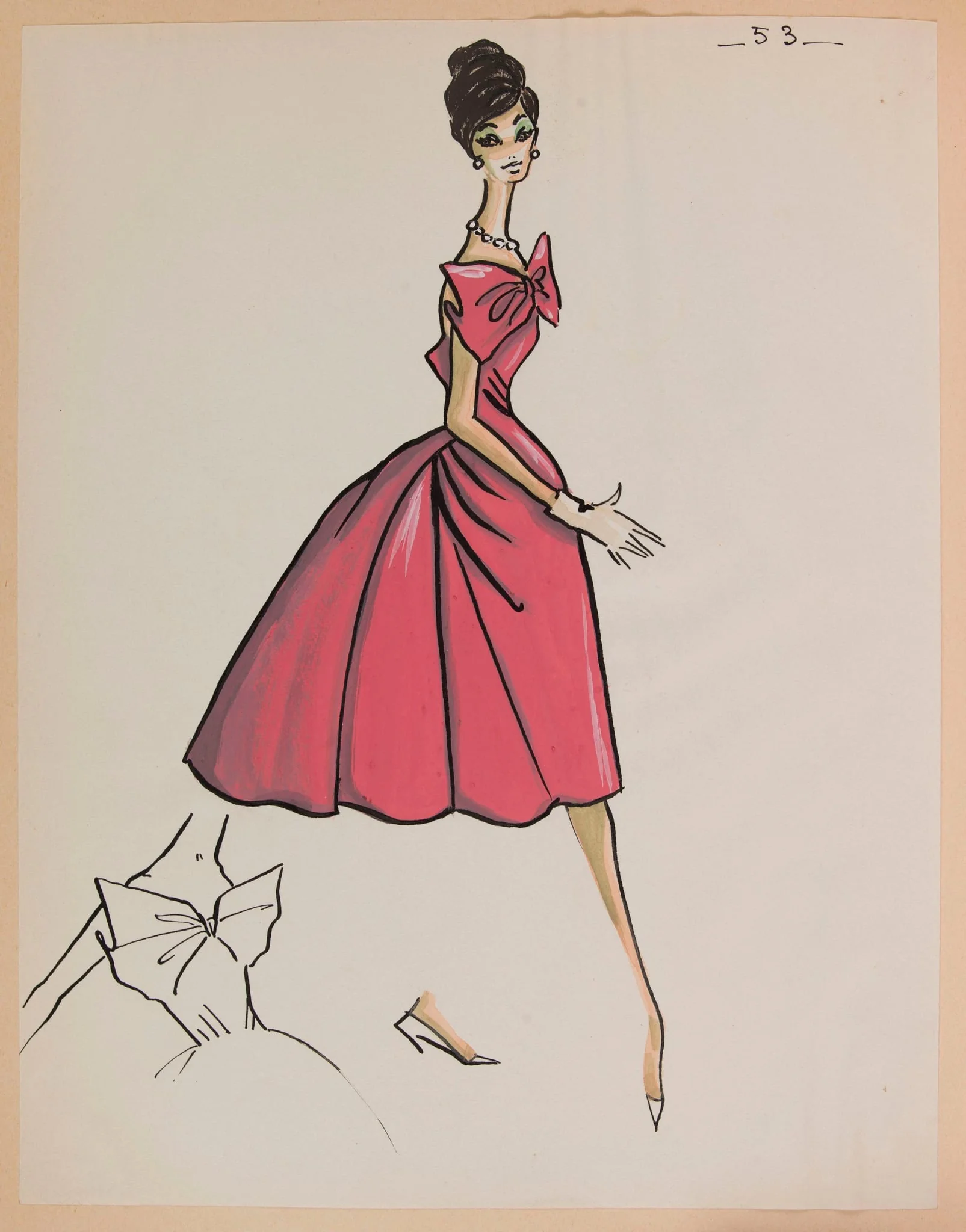 Robe rose à gros noeud sur la poitrine, by Carven, 1959