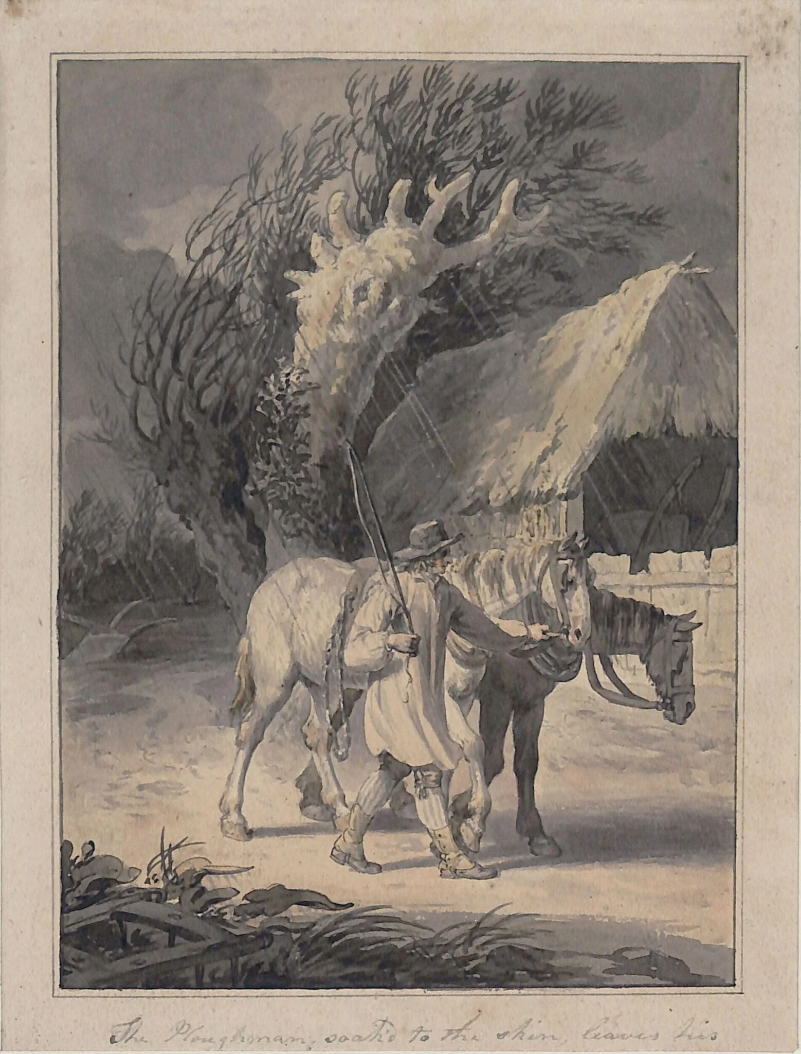 Ploughman leading his horses home in rain, by Julius Caesar Ibbetson, the elder, watercolor, 1770