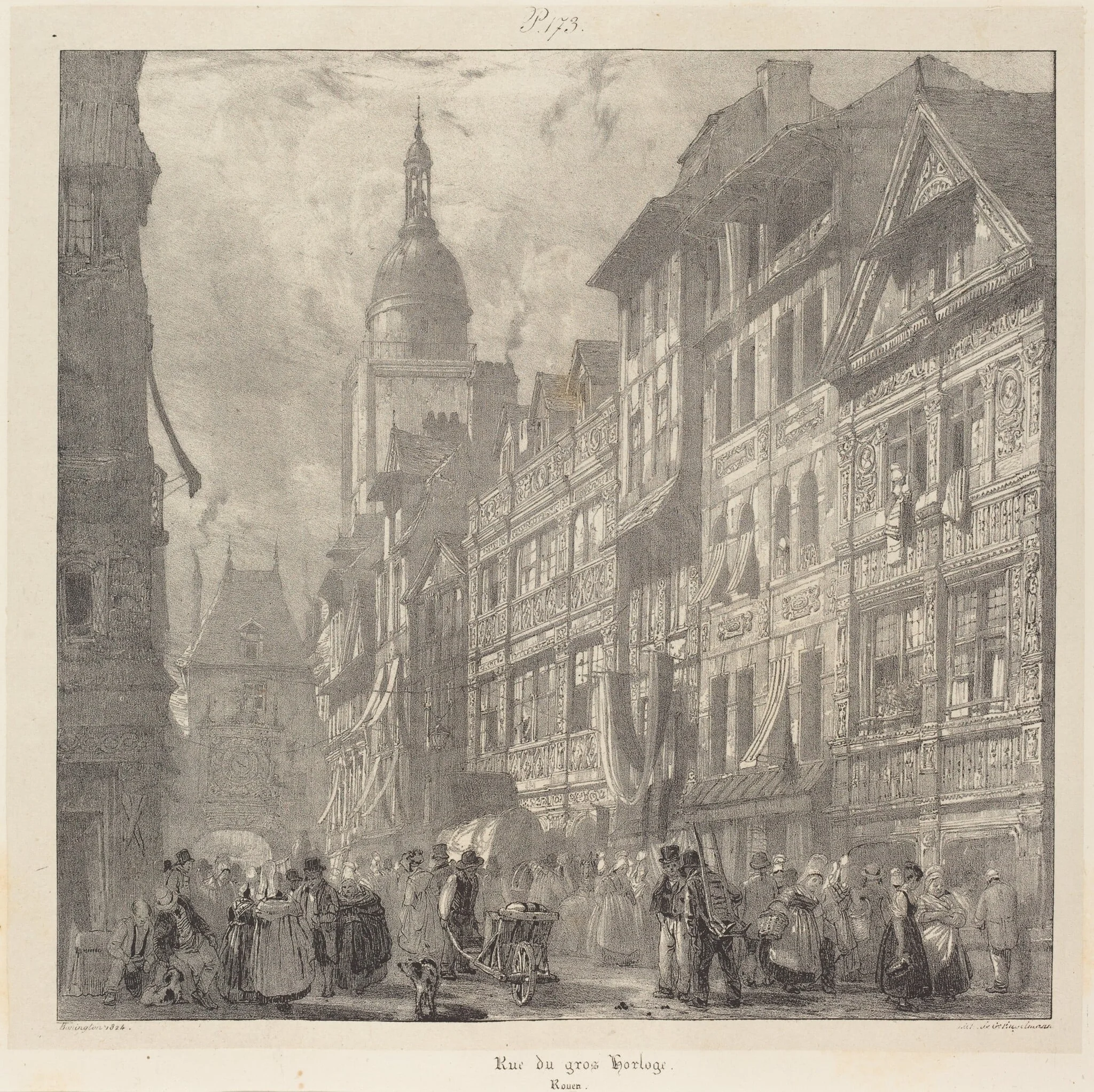 Rue du gros-horloge, Rouen, by Richard Parkes Bonington, ink, 1824
