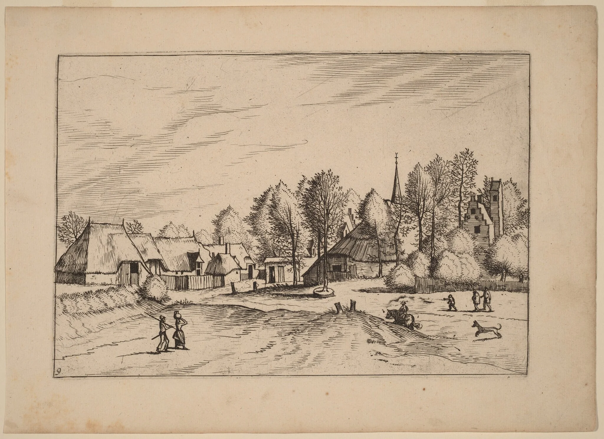 Country Village with Church Tower, by Lucas van Doetechum, ink, 1676
