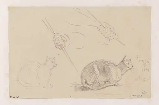 Studies of cats, and of a hand holding a pole
