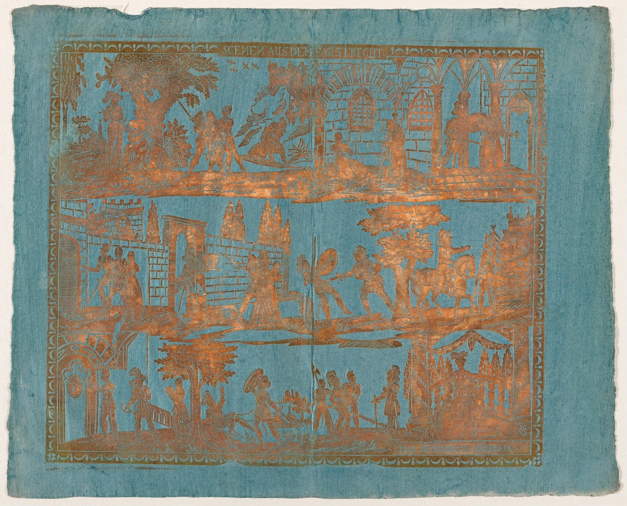 Endpaper with Scenes from the Life of a Knight, by Paul Reimund, ink, 1780