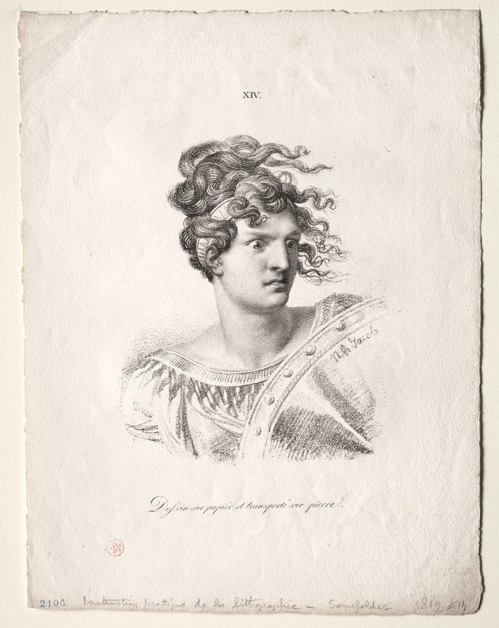 L'art de la lithographie: Head of an Amazon, by Alois Senefelder, 1819