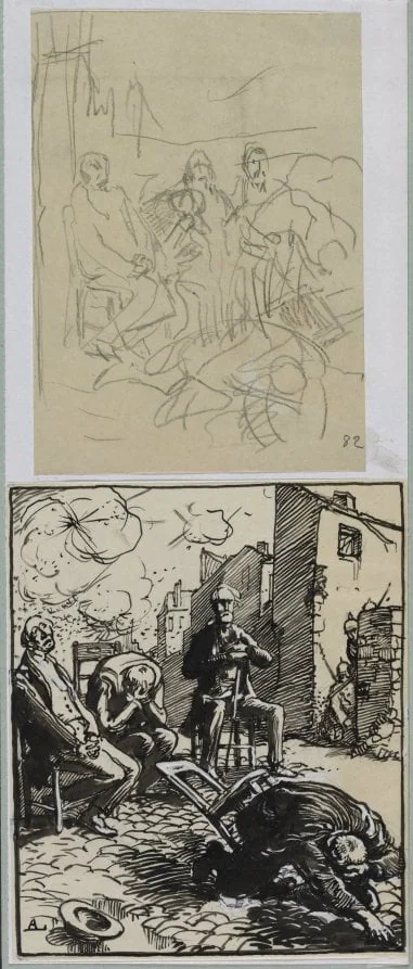 Trois otages assis, by Auguste Lepère, 1914