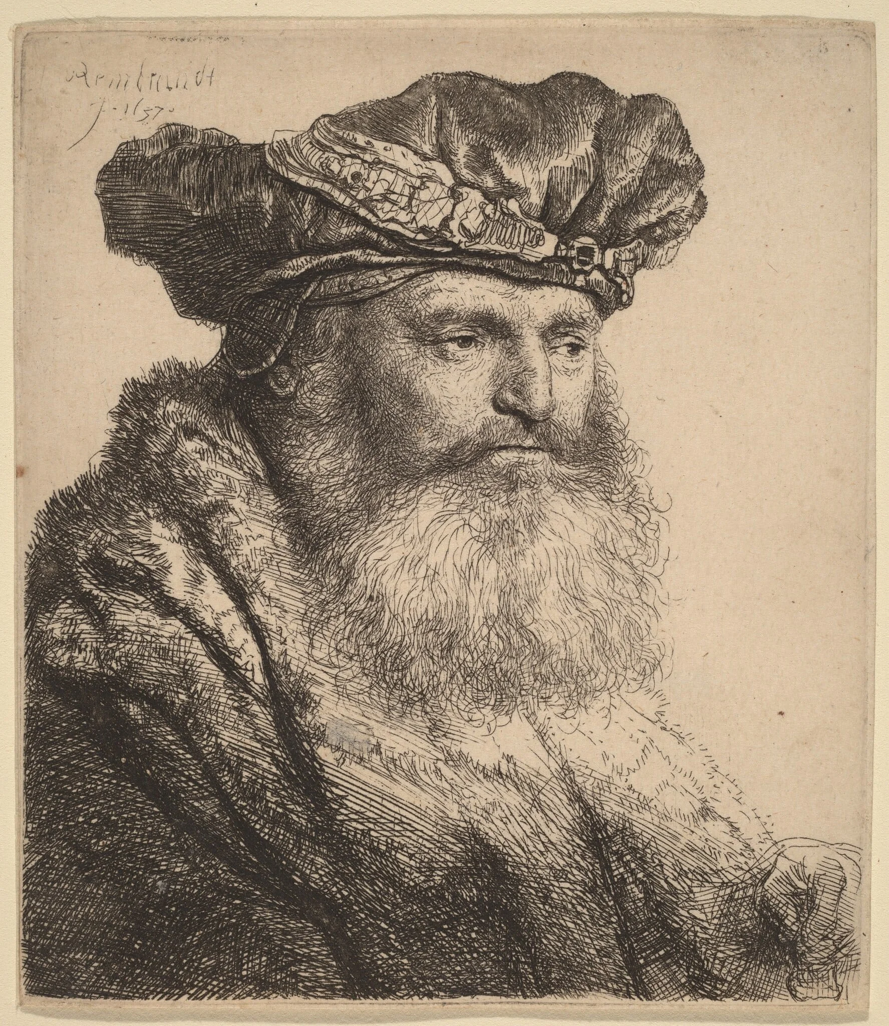 Bearded Man in a Velvet Cap with a Jewel Clasp, by Rembrandt, ink, 1637