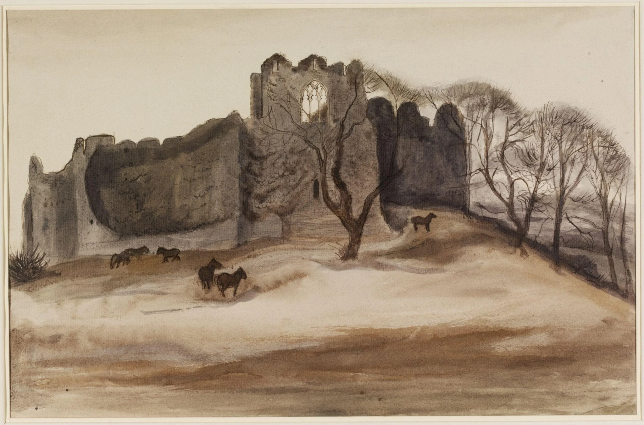 Oystermouth Castle, Gower, Glamorganshire, by Mona Moore, watercolor, 1940