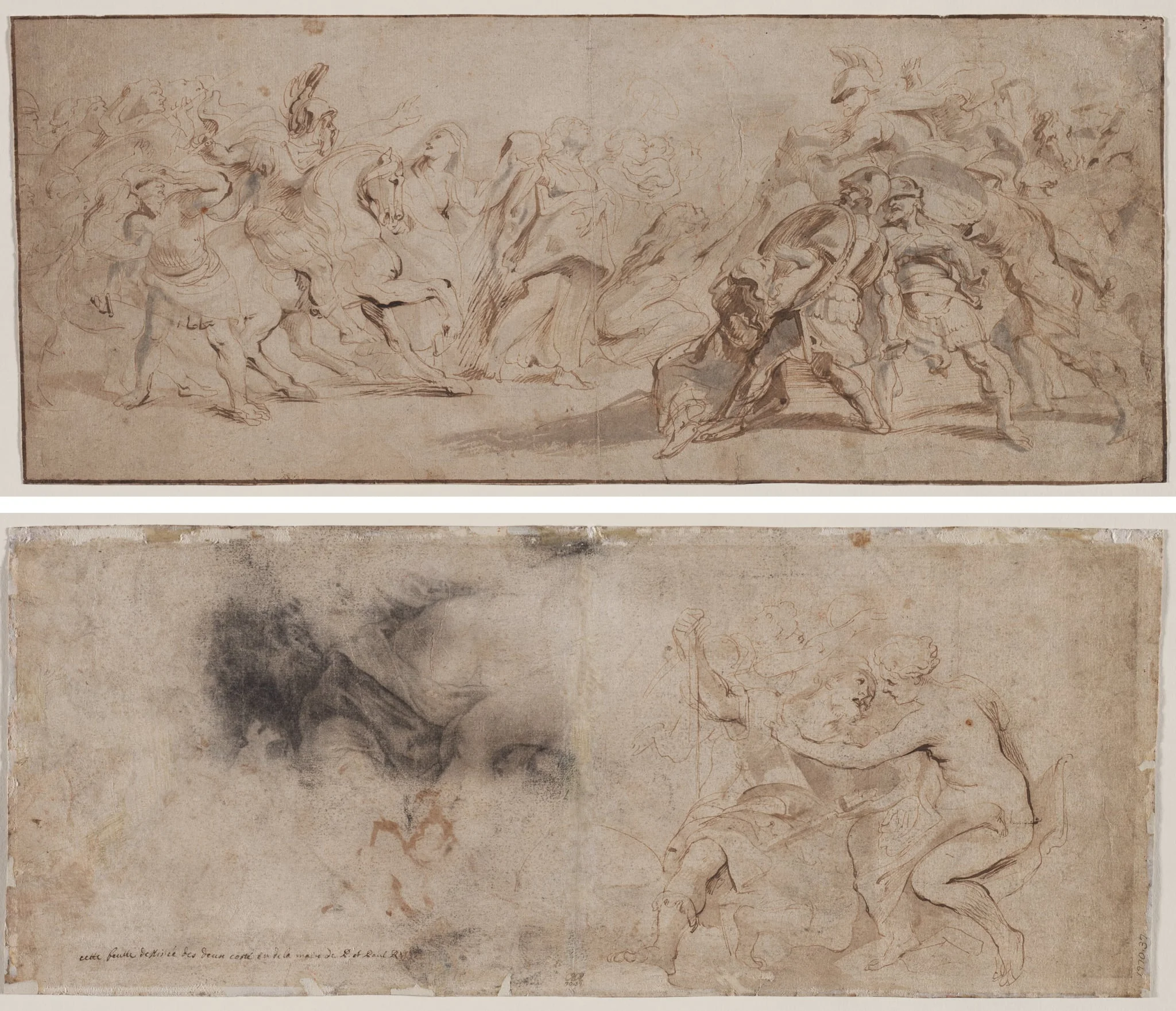 Reconciliation of the Romans and the Sabines (recto) Venus Disarming Mars, Drapery Study (verso), by Peter Paul Rubens, 1634