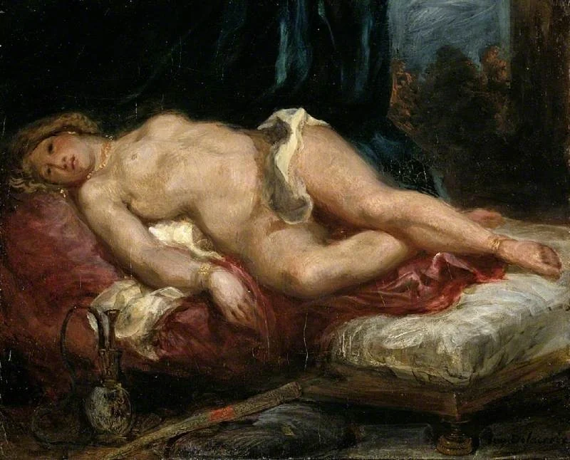 Odalisque reclining on a divan, by Eugène Delacroix, oil, 1825