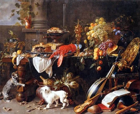 Large Still-life with Dog and Cat, by Adriaen van Utrecht, oil, 1647