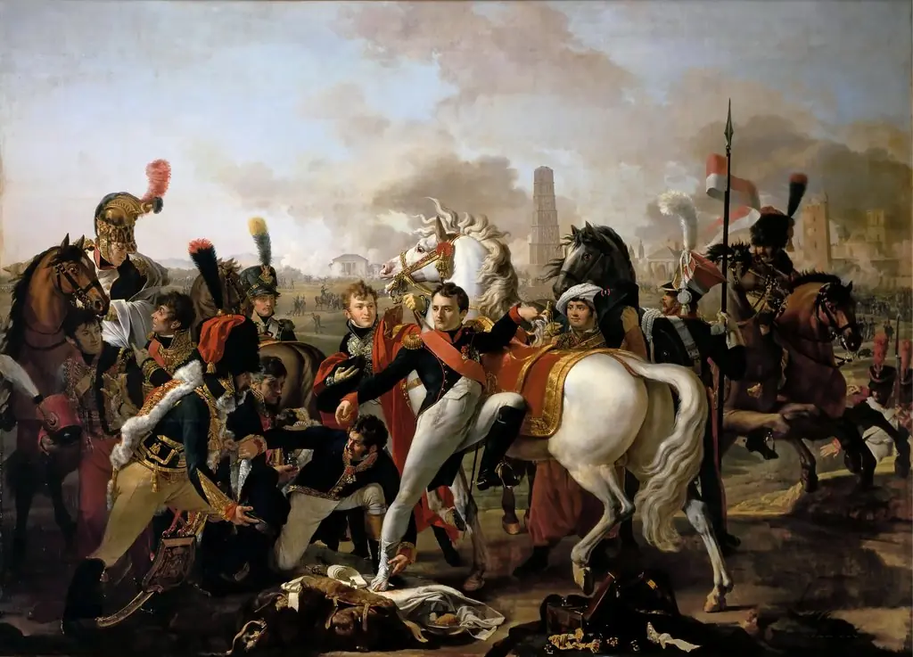 Napoleon dismounting with an injured foot at Regensburg, aided by the Surgeon, Yvan, April 23, 1809
