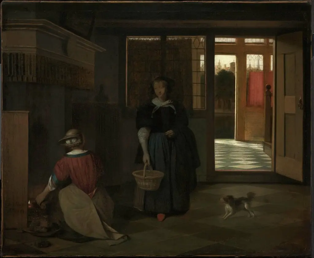 Interior of a Dutch house with a woman kneeling by a fire conversing with a woman standing