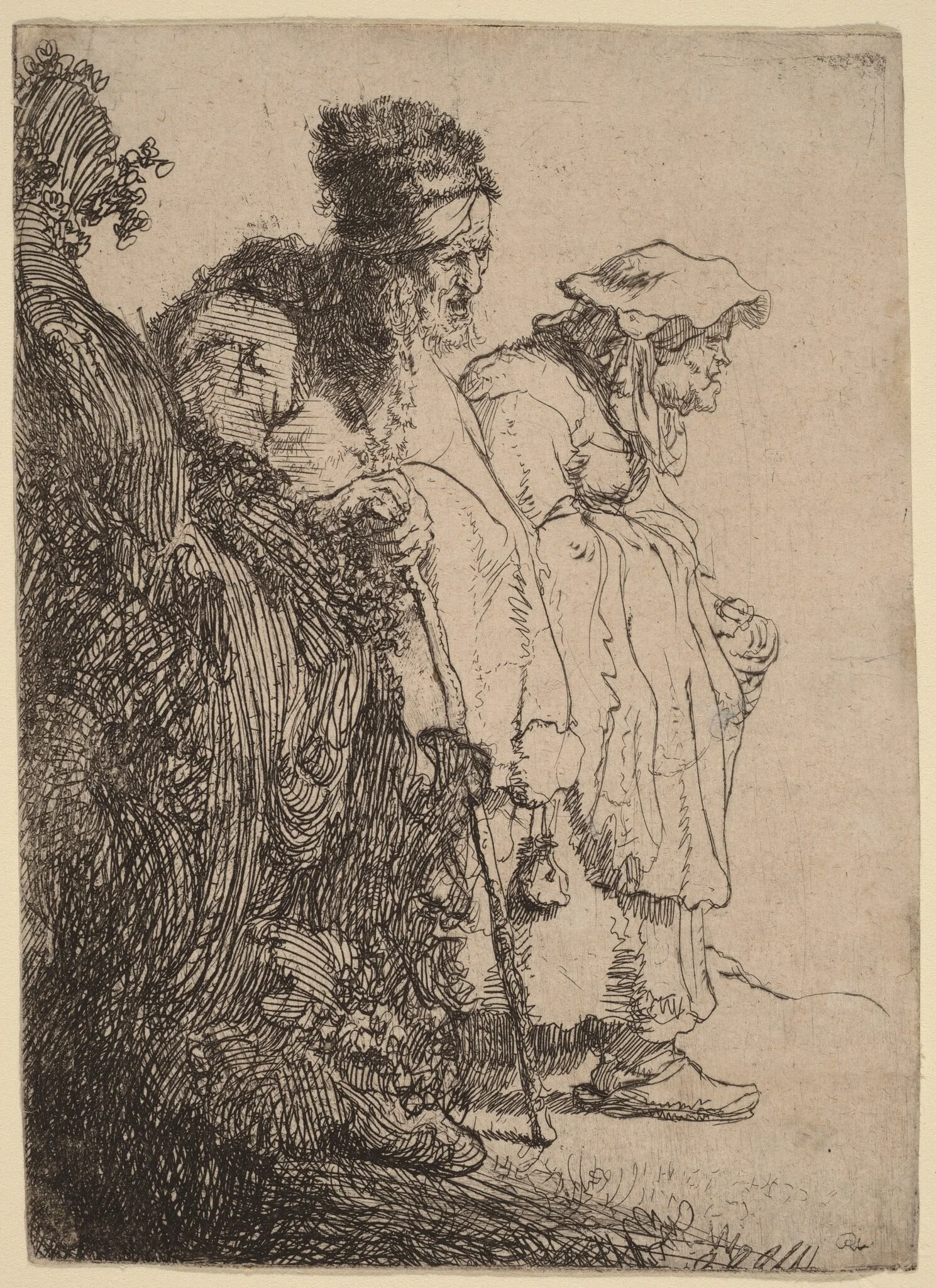 Beggar Man and Woman behind a Bank, by Rembrandt, ink, 1630