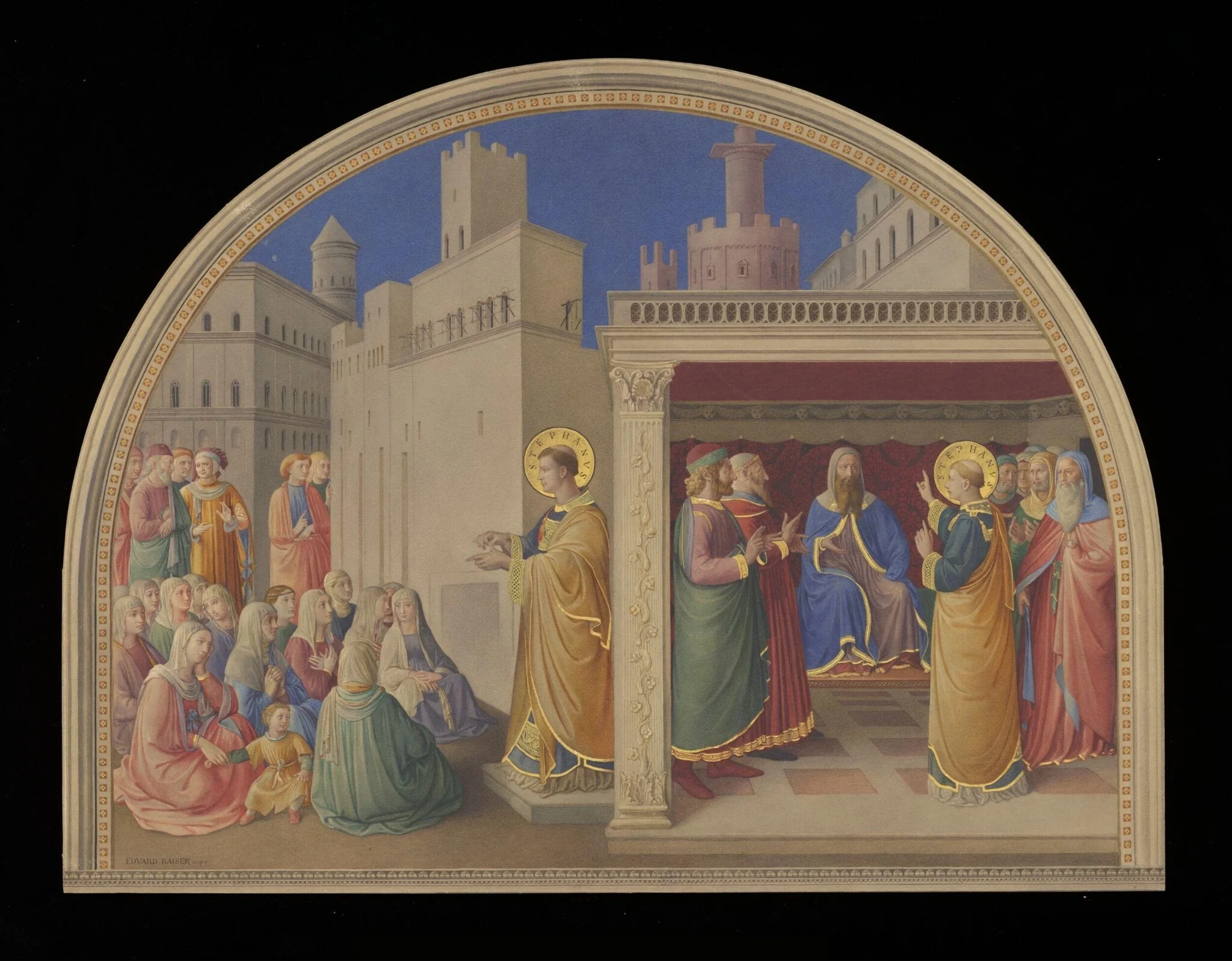 Copy after St Stephen preaching and St Stephen before the Council, Fra Angelico in the Niccoline Chapel (Vatican, Rome), by Fra Angelico, watercolor, 1878