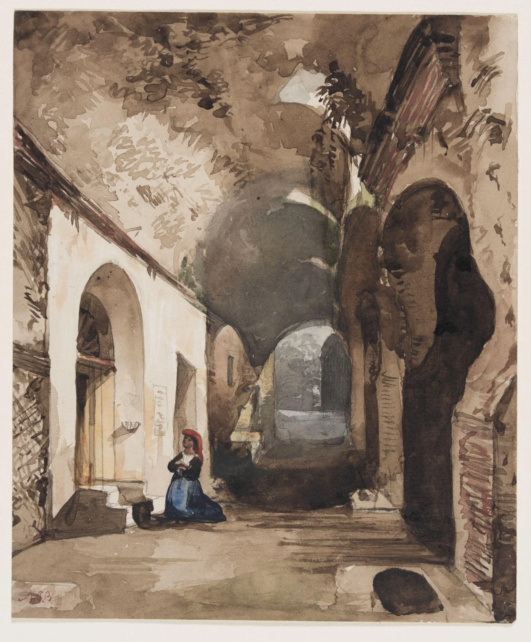 Woman praying in a vaulted shrine in the amphitheatre of Pozzuoli (Naples), by Giacinto Gigante, watercolor, 1855