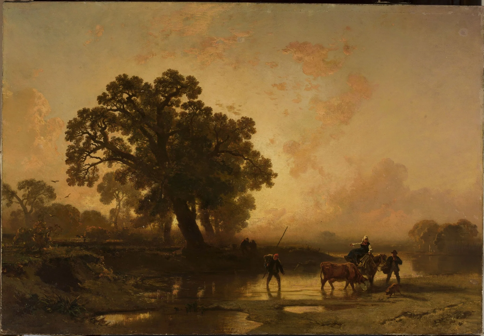 Riverside landscape at sunset, by Charles Hoguet, oil, 1857