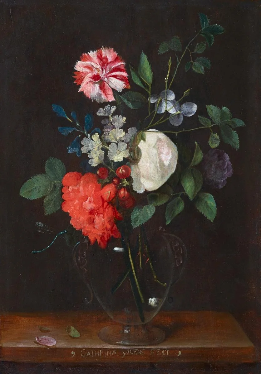 Blumenstillleben in Glasvase mit Libelle auf Tisch, by Catarina Ykens, oil, 1708