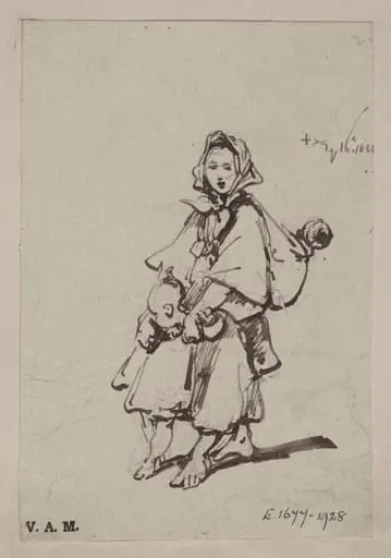 A boatwoman with two children, one of them strapped to her back