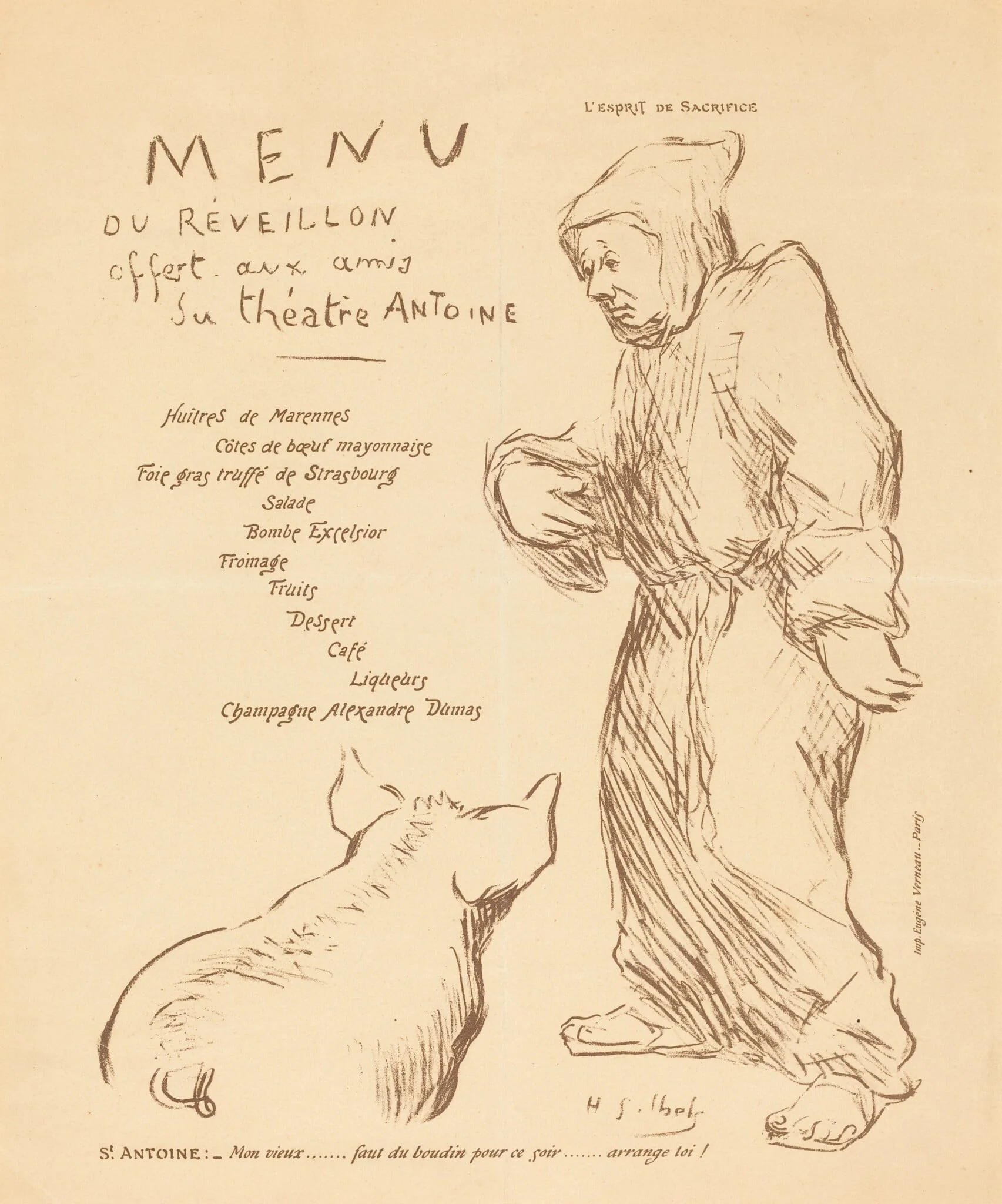 Menu du réveillon offert aux amis du Théâtre Antoine