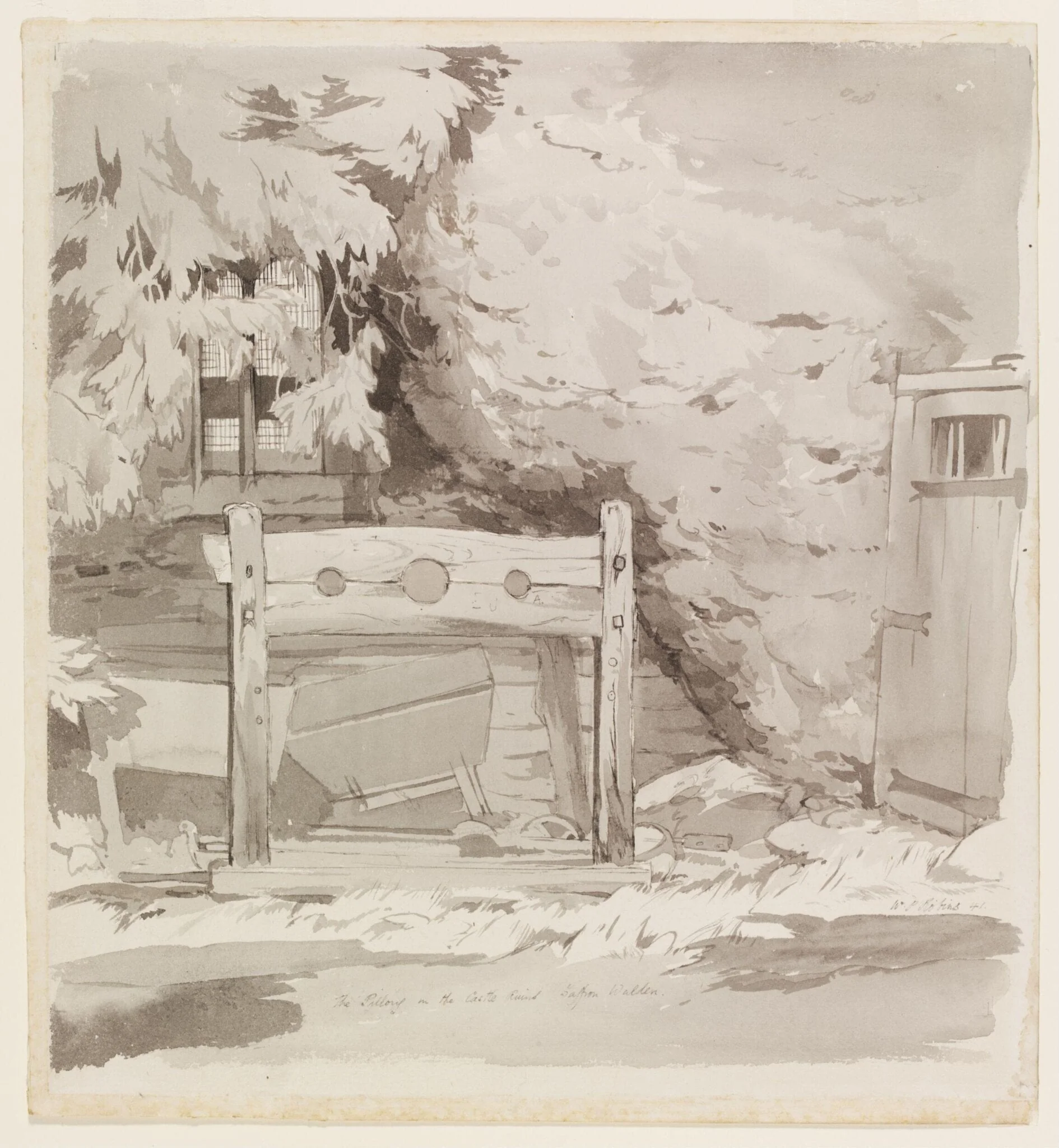 The Pillory in the Castle Ruins, Saffron Walden, by William P Robins, watercolor, 1941
