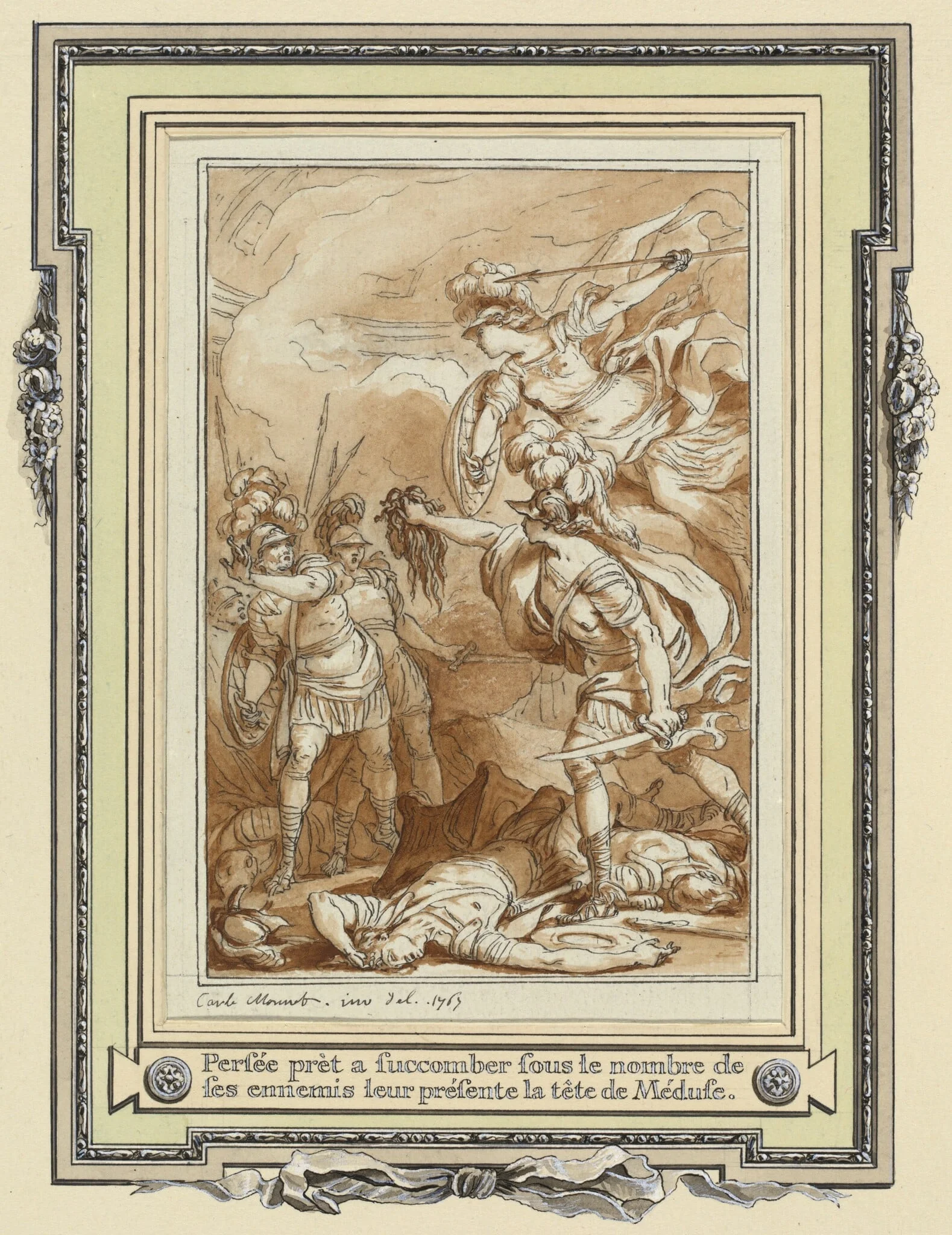 Perseus Turning Phinneas to Stone with the Head of Medusa, by Charles Monnet, ink, 1767