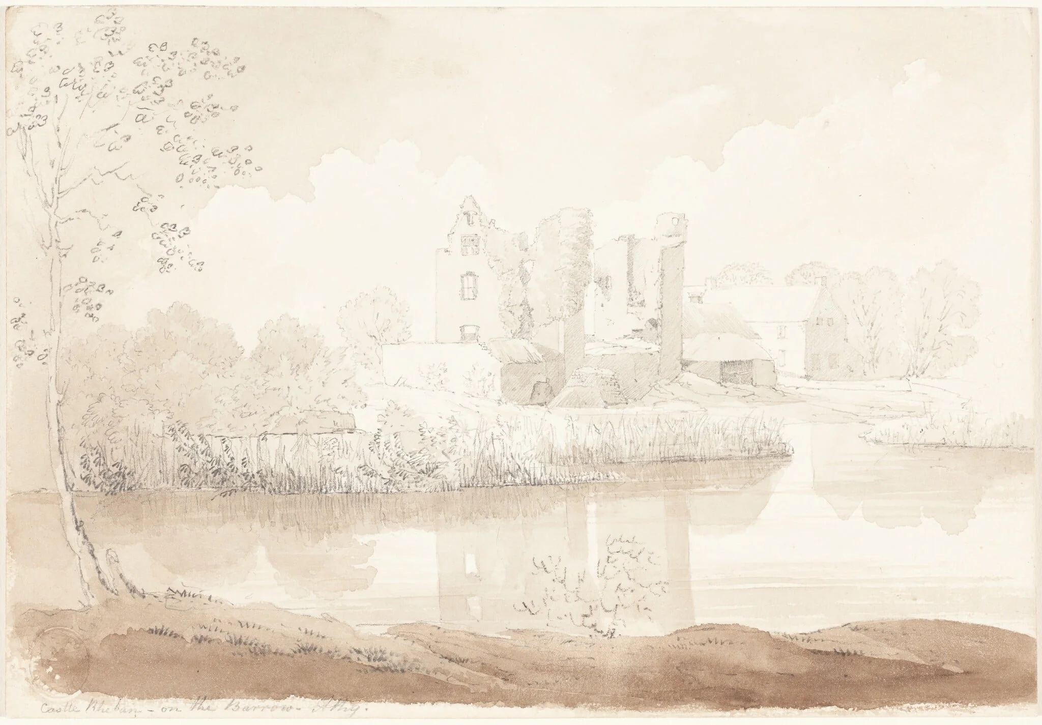 Castle Rheban on the River Barrow, Athy, by James Bulwer, chalk, 1834
