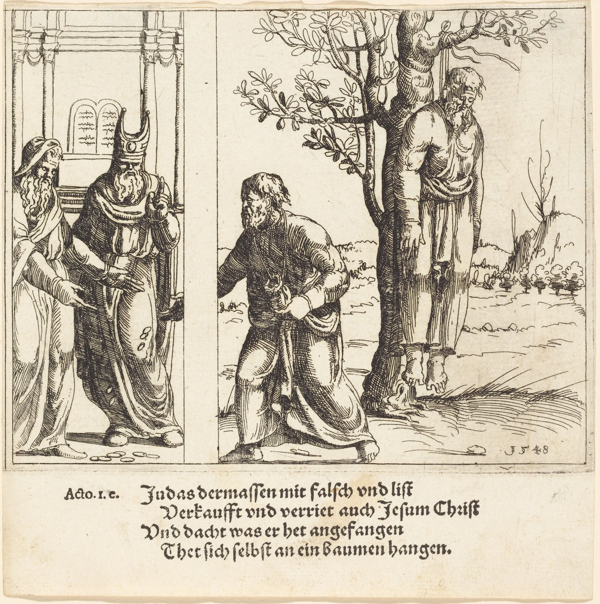 Judas Returns the Thirty Pieces of Silver, by Augustin Hirschvogel, ink, 1548