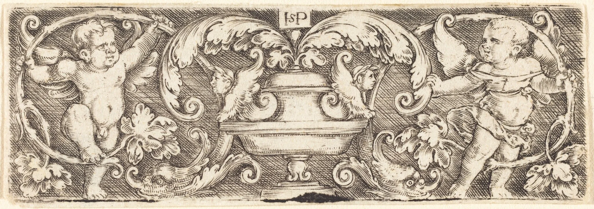 Ornament with a Vase Between Two Genii, by Sebald Beham, ink, 1528
