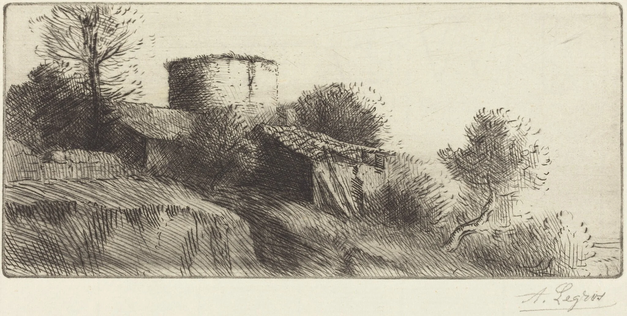 Pigeon Tower (La tour aux pigeons), by Alphonse Legros, ink, 1874
