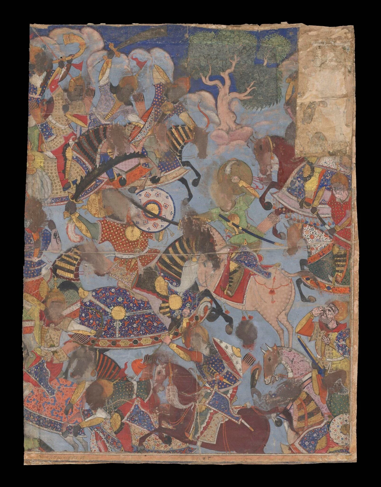 Hamza's army battles Girang's men and kills a giant, by Unknown, paint, 1570