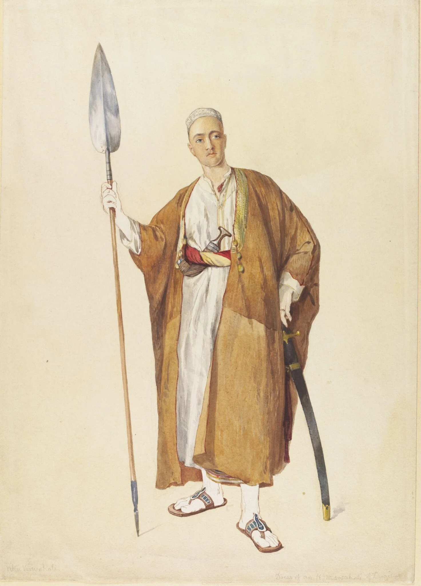 Vika Viswahali. Dress of an (E) Mswahali of Zanzibar -   About 1866. Arthur Ackland Hunt, by Arthur Ackland Hunt, watercolor, 1866