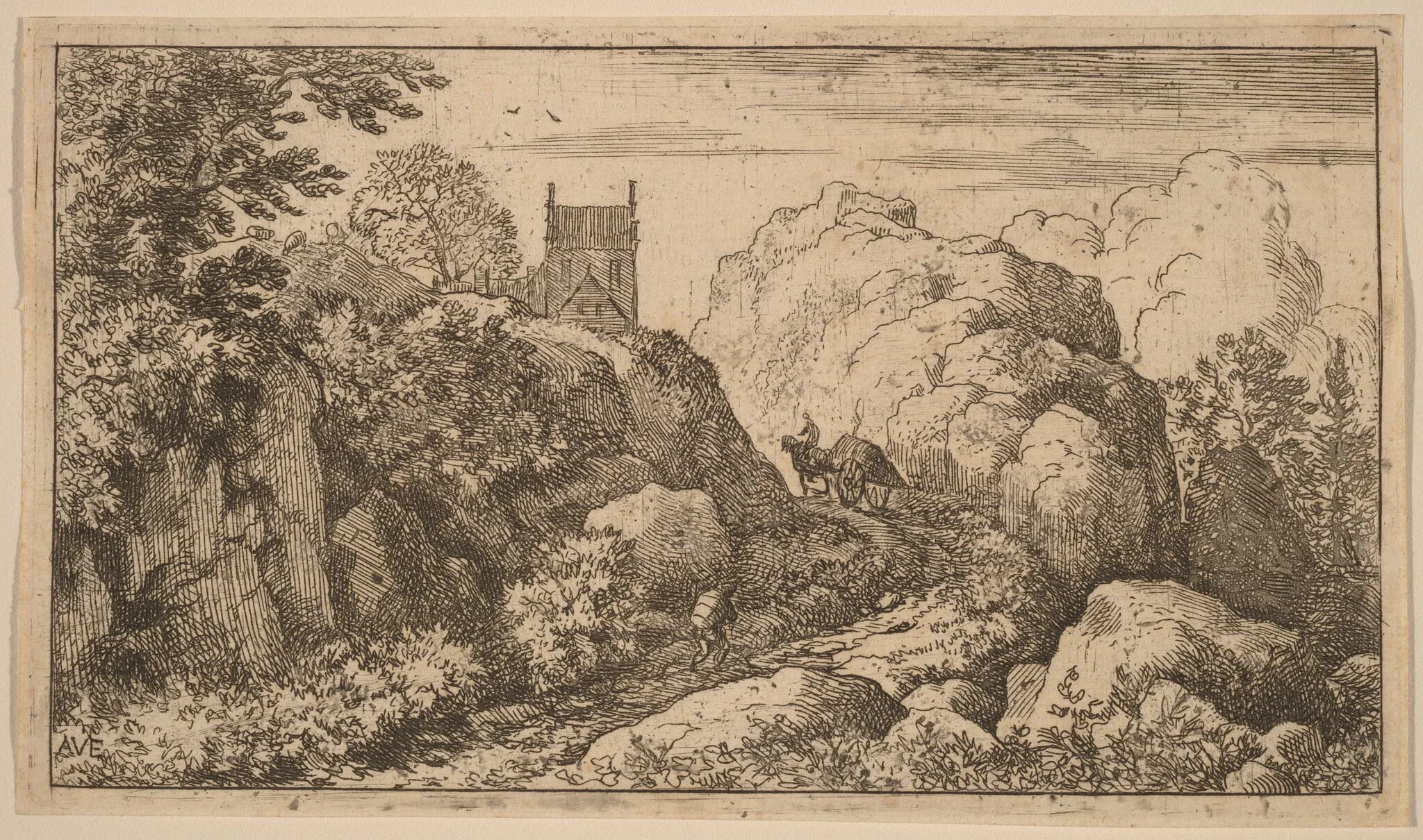 Cart in a Narrow Pass, by Allart van Everdingen, ink, 1650
