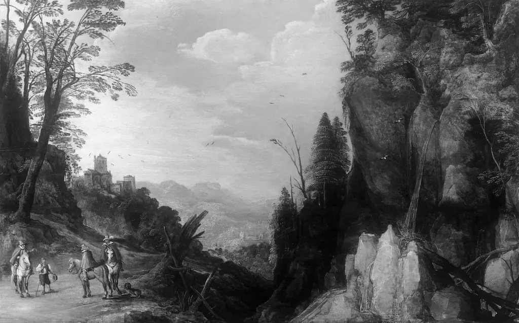 Mountain landscape with three riders