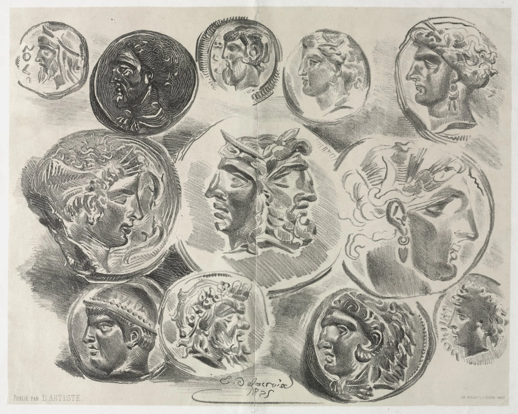 Feuille de douze médailles antiques, by Eugène Delacroix, 1825
