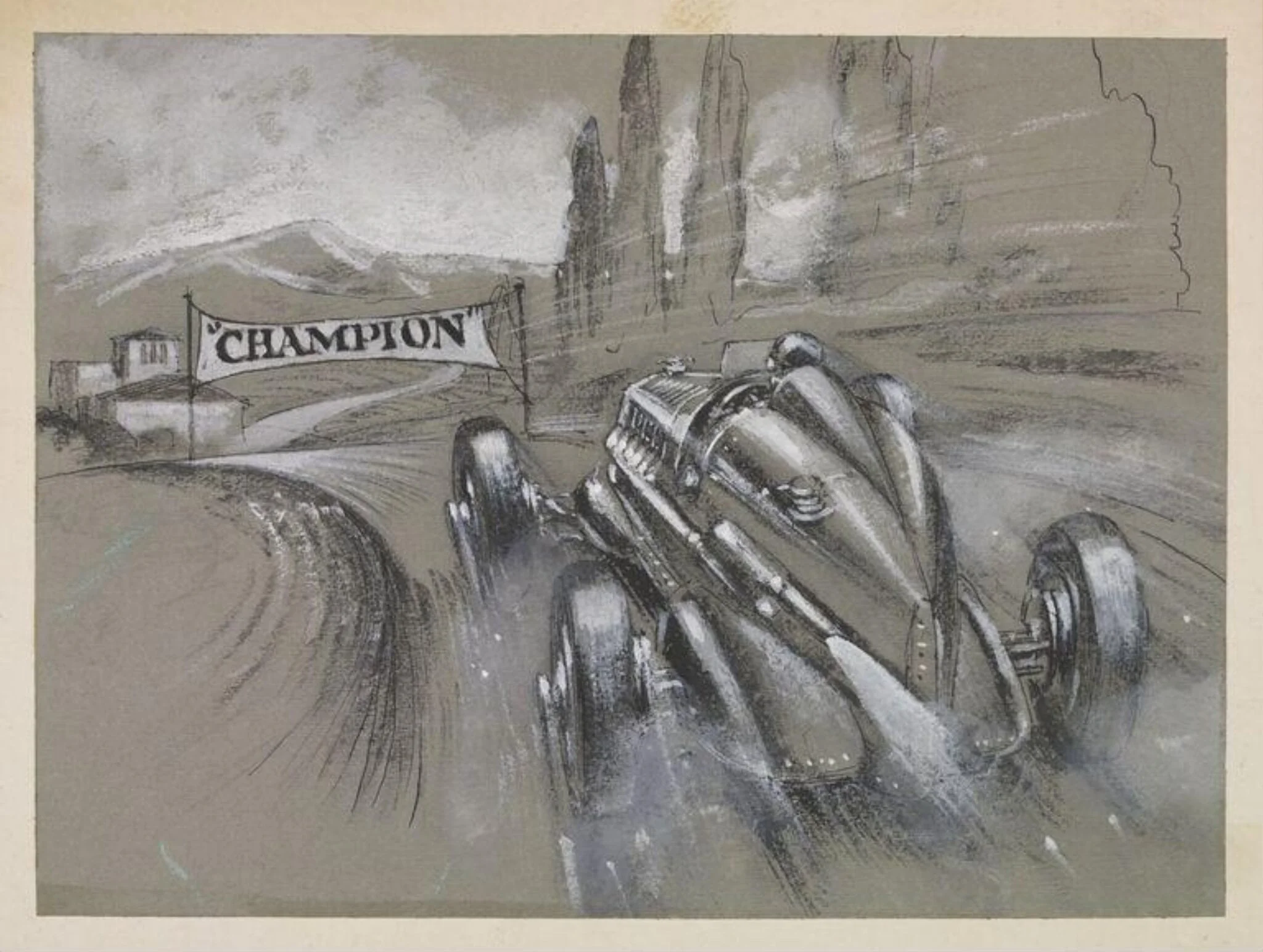 A Racing car coming through the finish line, by Wilfrid R. Addey, 1944