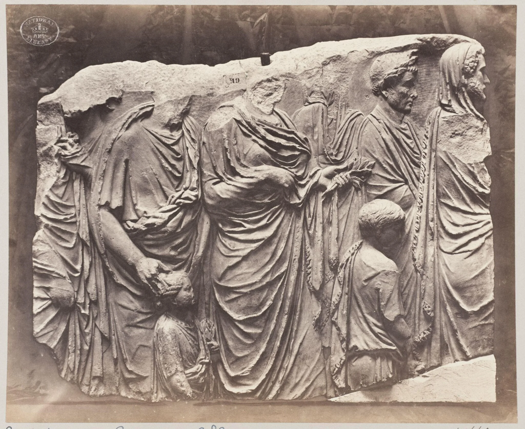 Portion of a marble sarcophagus of procession of draped figures, by Louise Laffon, photographic, 1864