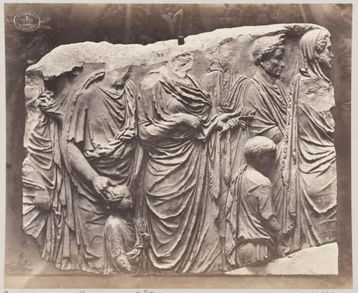 Portion of a marble sarcophagus of procession of draped figures