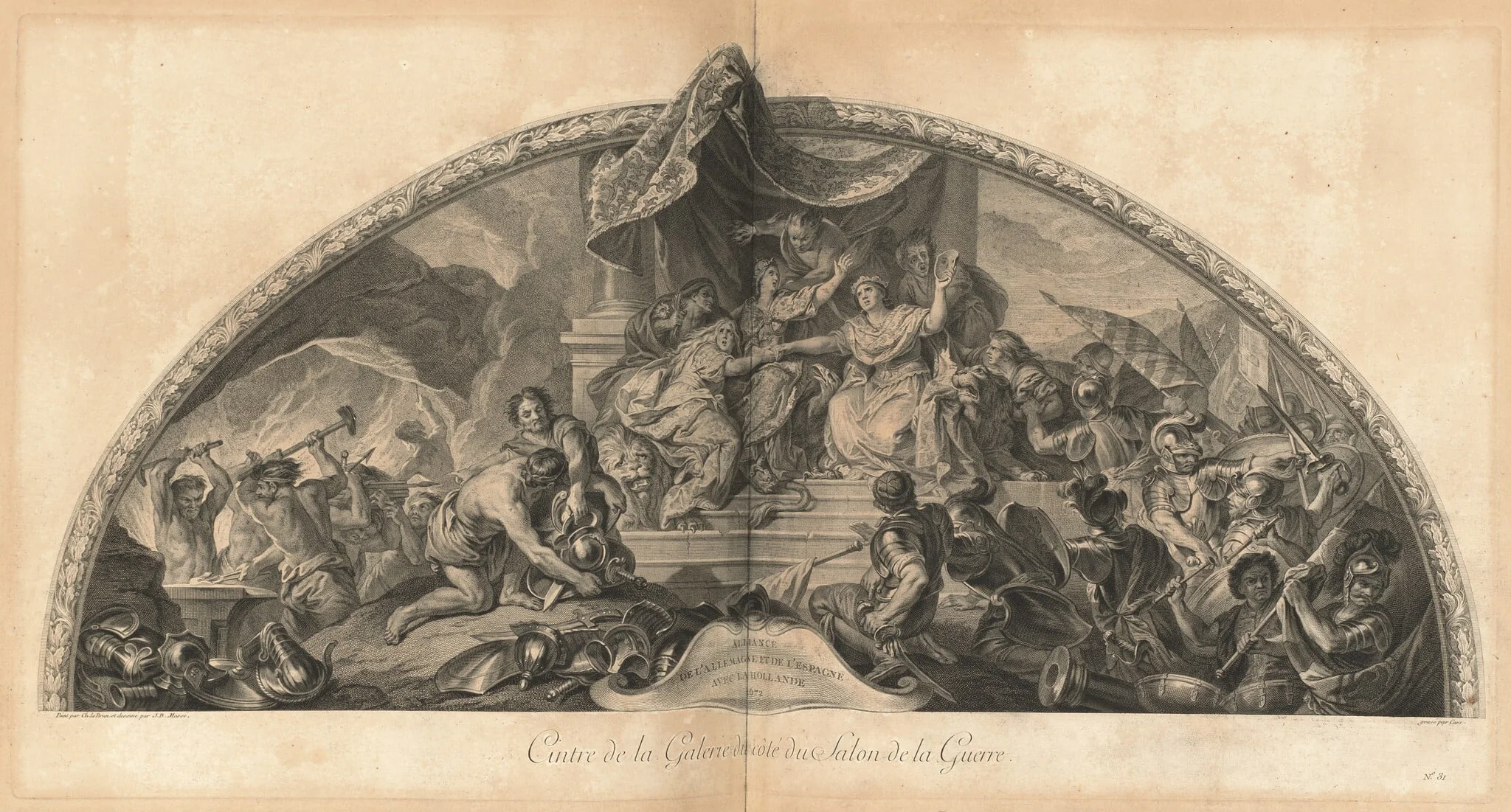 Alliance de l'Allemagne et de l'Espagne avec la Hollande 1672 Cintre de la Gallerie du côté du Salon de la Guerre (Alliance of Germany and Spain with Holland 1672, Center of the Gallery next to the Salon of War) [pl. 31], by Jean-Baptiste Massé, ink, 1752