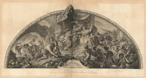 Alliance de l'Allemagne et de l'Espagne avec la Hollande 1672 Cintre de la Gallerie du côté du Salon de la Guerre (Alliance of Germany and Spain with Holland 1672, Center of the Gallery next to the Salon of War) [pl. 31]