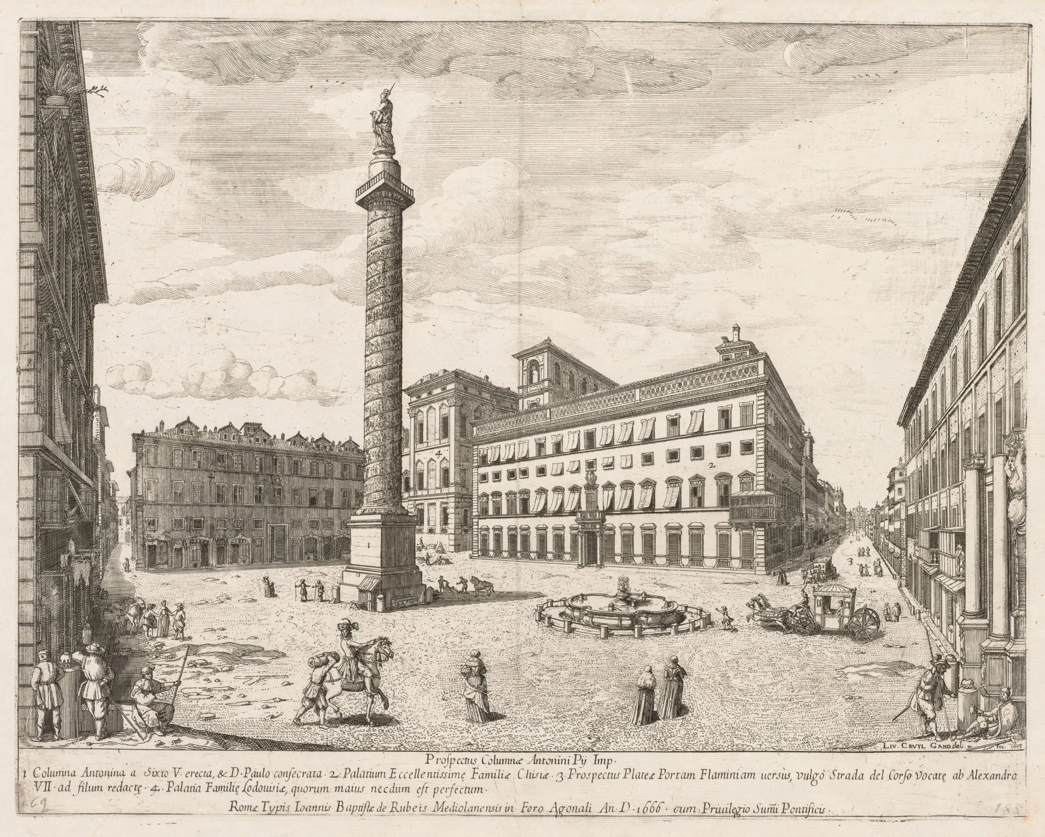 Piazza Colonna from "Prospectus Locurum Urbis Romae Insign[ium]", by Lievin Cruyl, 1666