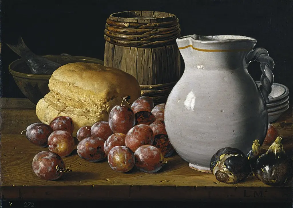 Still Life with Plums Figs Bread Barrel Jug and Other Vessels