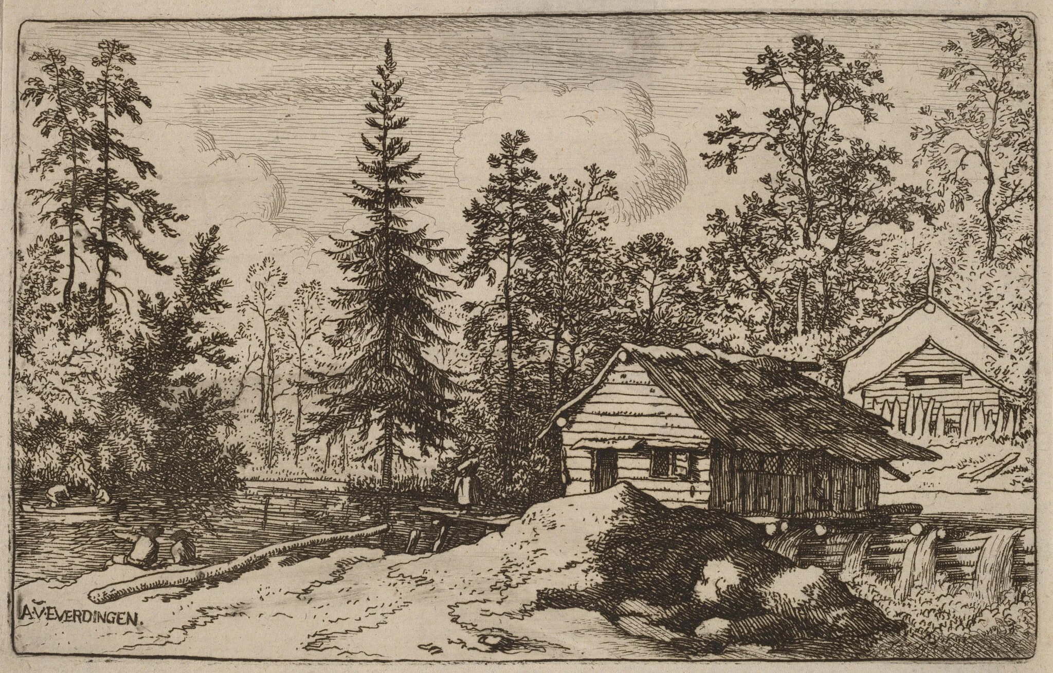 Woman in a Riverscape Looking towards a Boat, by Allart van Everdingen, ink, 1650