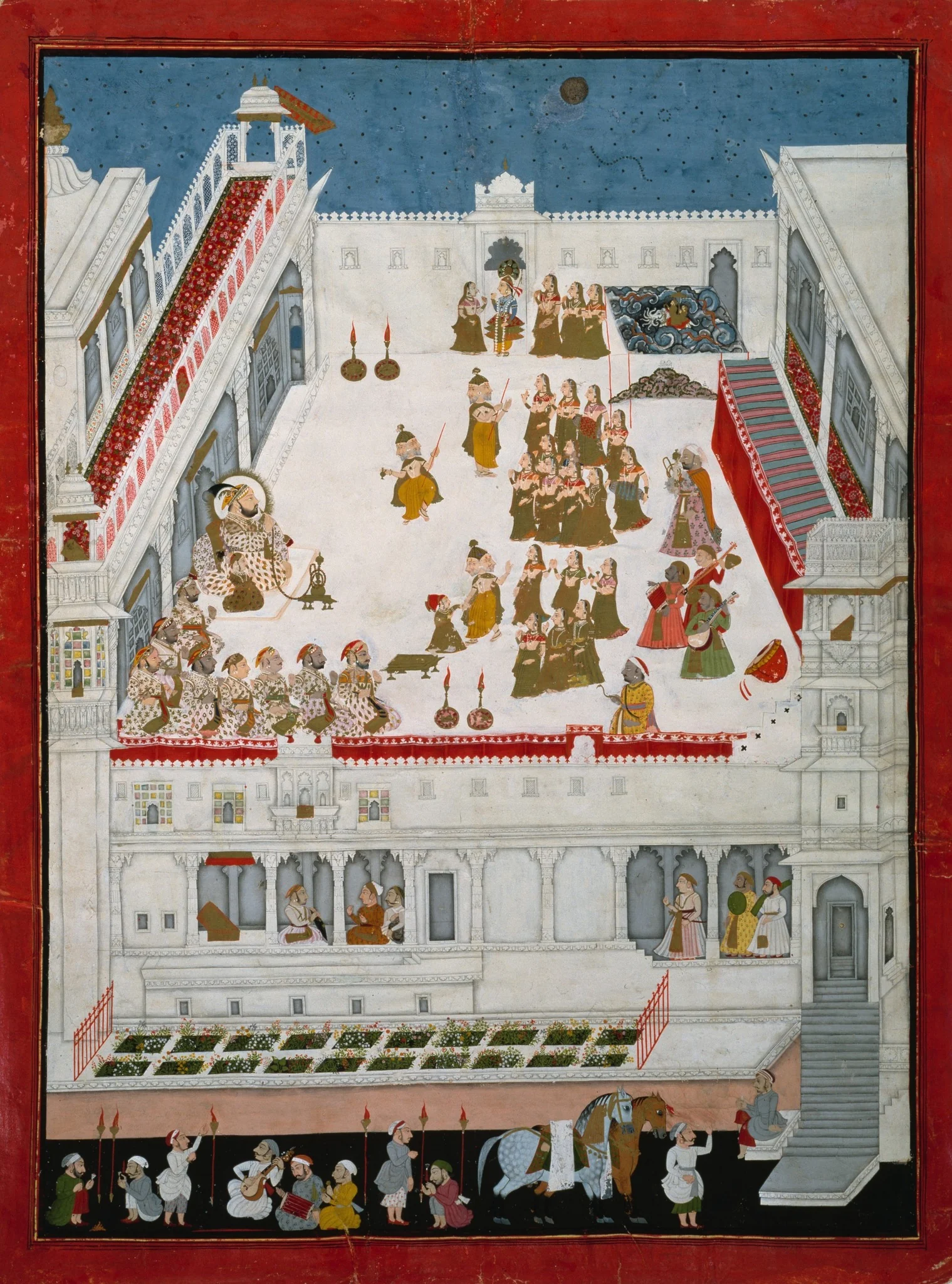 Maharana Jagat Singh II and Nobles Watching the Raslila Dance Dramas, by Unknown, unspecified, 1738