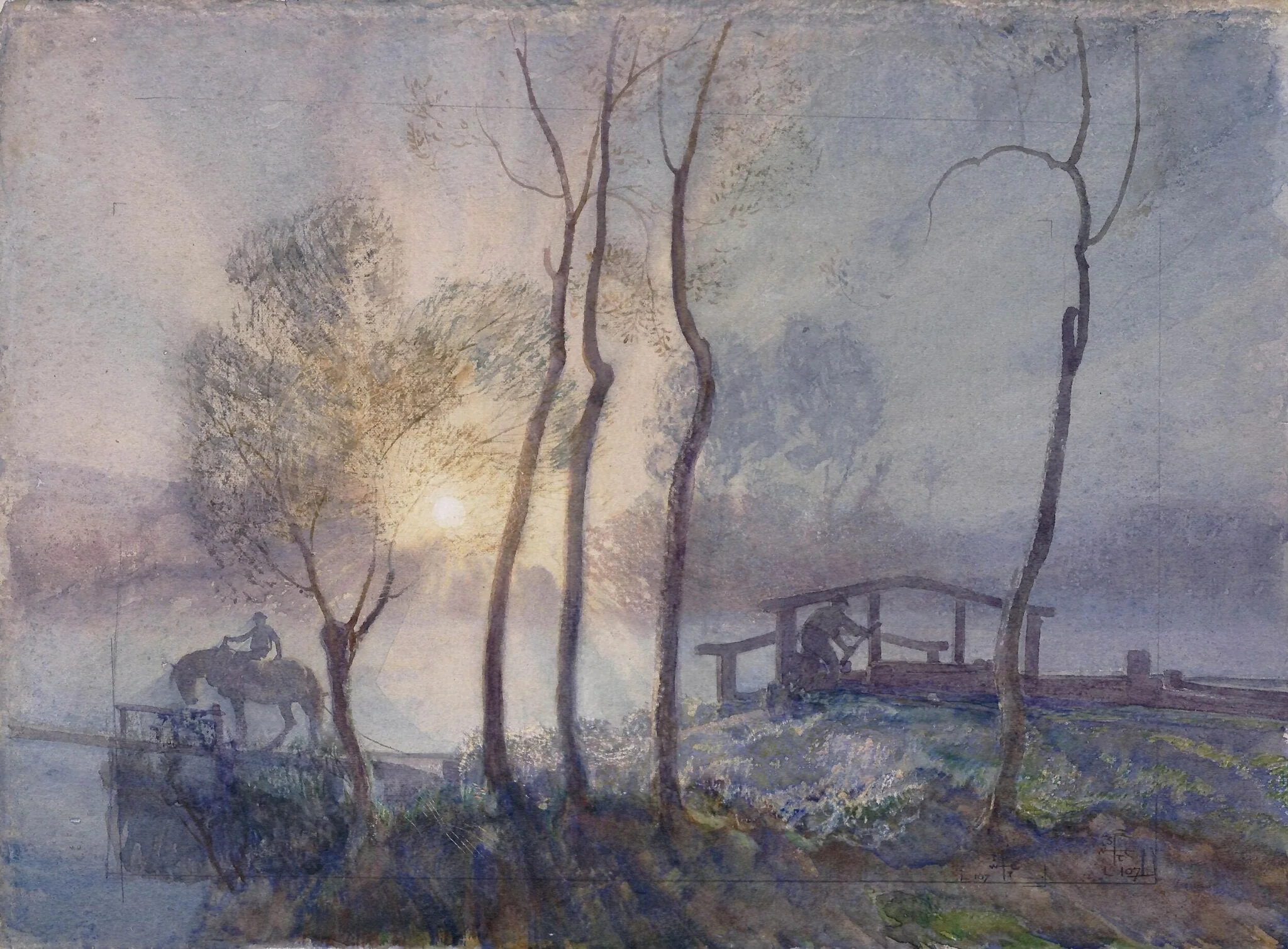 The Lock at Sunrise, by Joseph Walter West, watercolor, 1880
