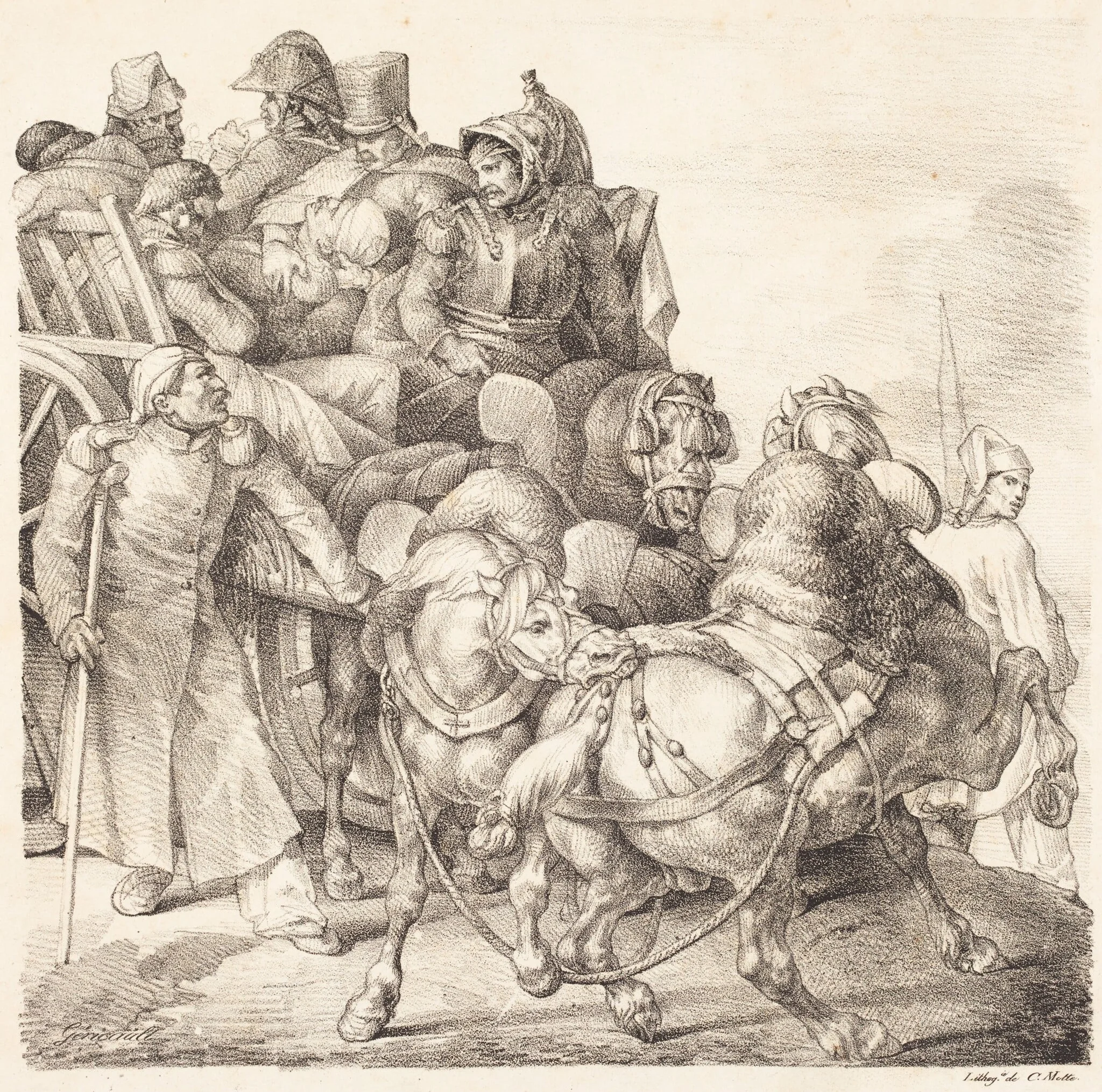 Cart Filled with Wounded Soldiers (Chariot charge de soldats blesses), by Théodore Géricault, ink, 1818