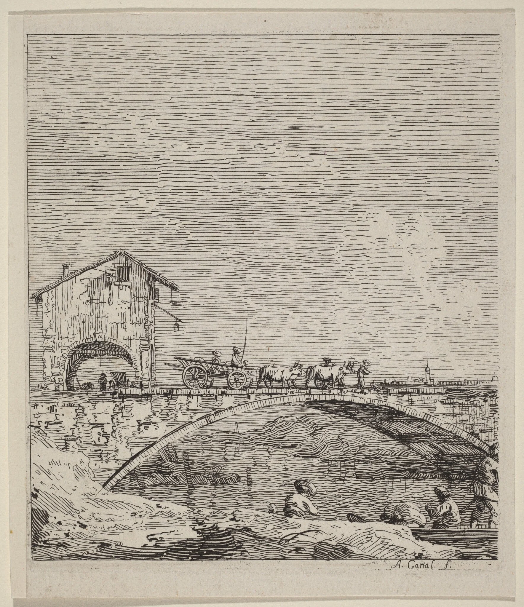 The Wagon Passing Over a Bridge, by Canaletto, ink, 1740