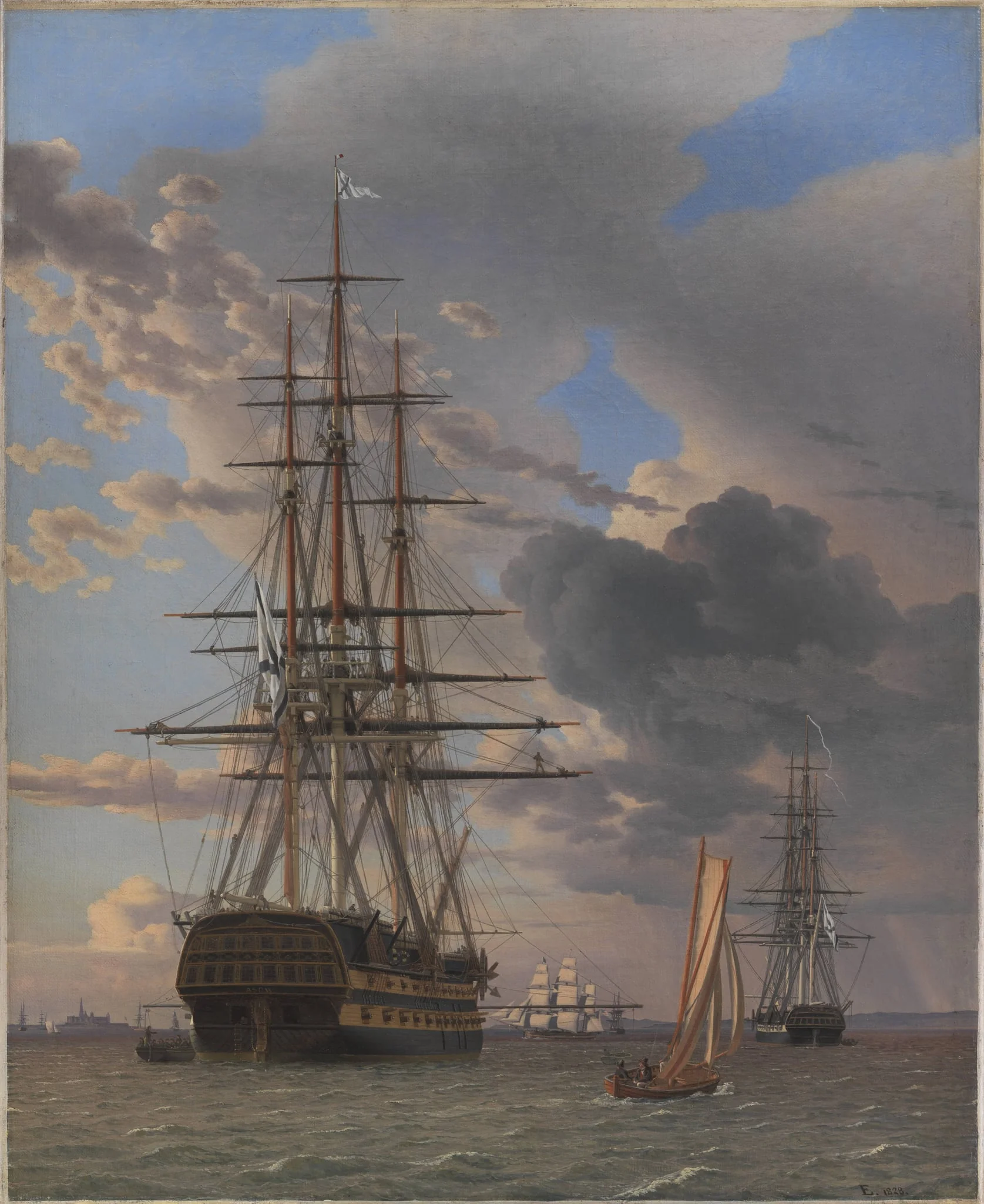 The Russian Ship of the Line "Asow" and a Frigate at Anchor near Elsinore, by Unknown artist, 1828