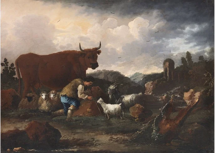 Landscape with Cattle, by Philipp Peter Roos, oil, 1691