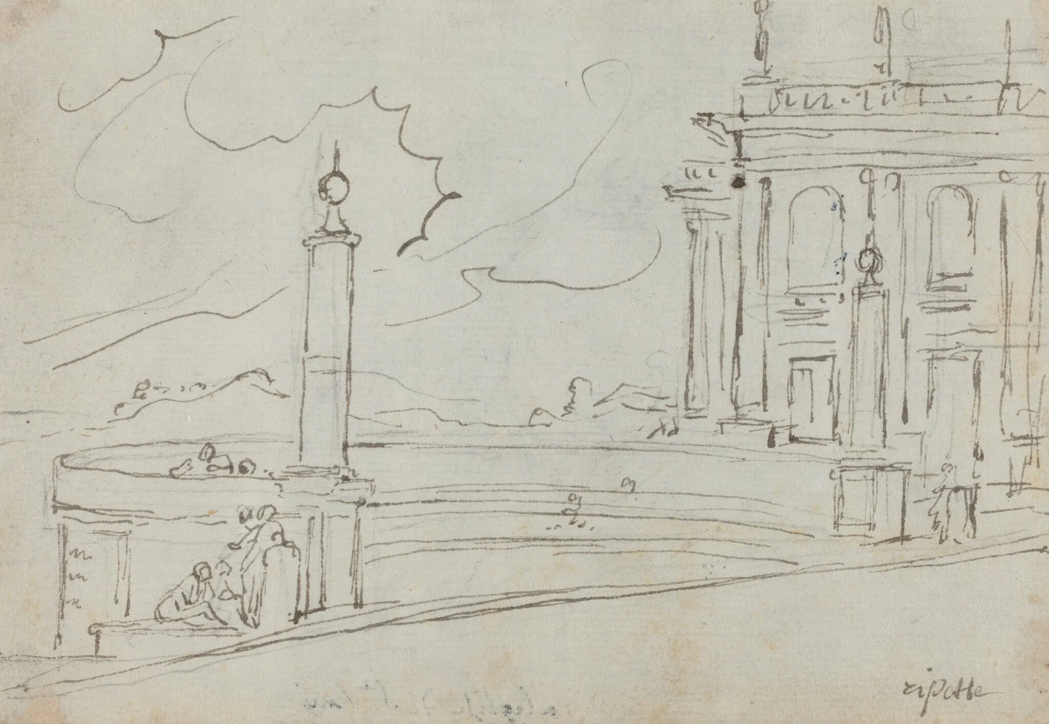 The Ripetta in Rome [verso], by Augustin Pajou, chalk, 1754