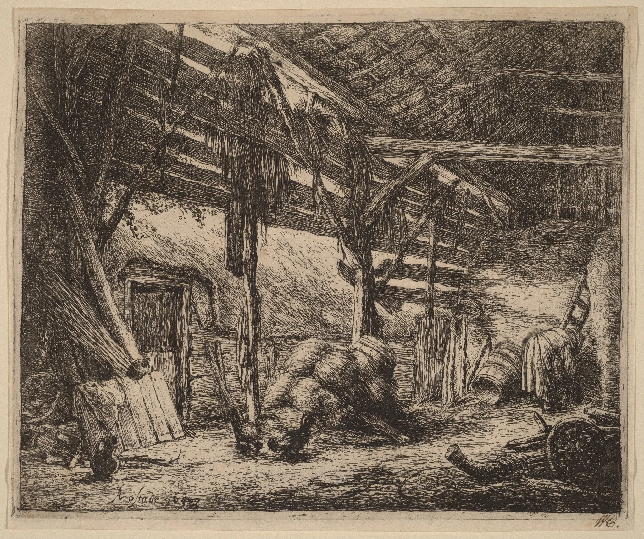 Interior of a Barn with a Peasant Woman at Work, by Adriaen van Ostade, ink, 1647